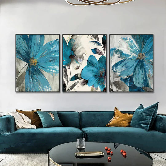 Set of 3 Abstract Botanical Blue Flowers Canvas Wall Art