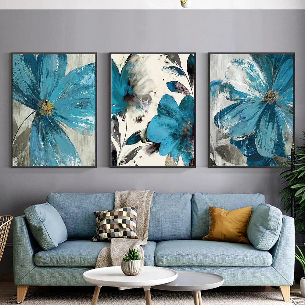 Set of 3 Abstract Botanical Blue Flowers Canvas Wall Art