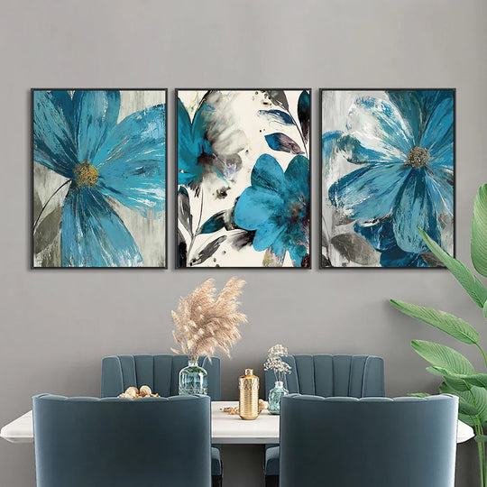 Set of 3 Abstract Botanical Blue Flowers Canvas Wall Art