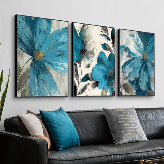 Set of 3 Abstract Botanical Blue Flowers Canvas Wall Art