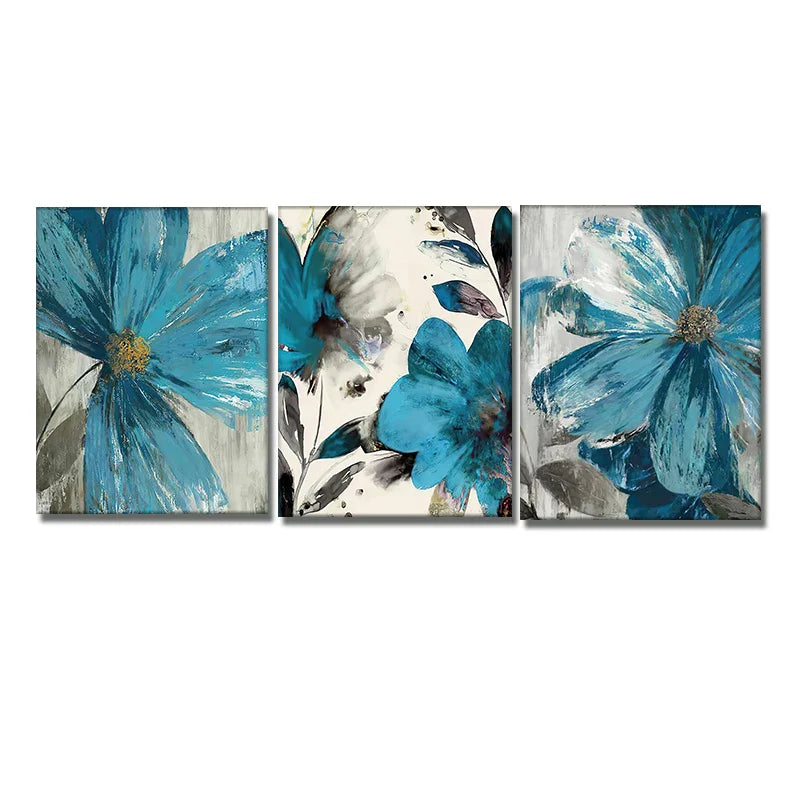 Set of 3 Abstract Botanical Blue Flowers Canvas Wall Art