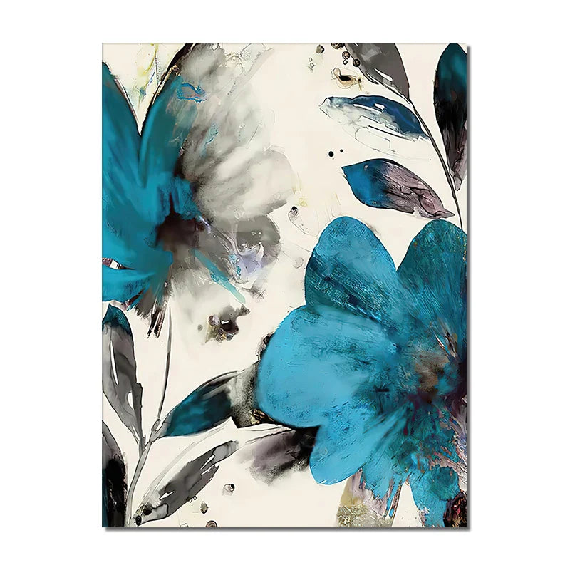Set of 3 Abstract Botanical Blue Flowers Canvas Wall Art