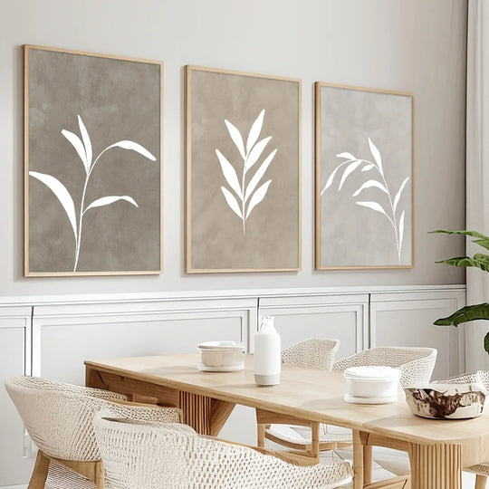 Beige White Botanical Abstract Canvas Wall Art Set