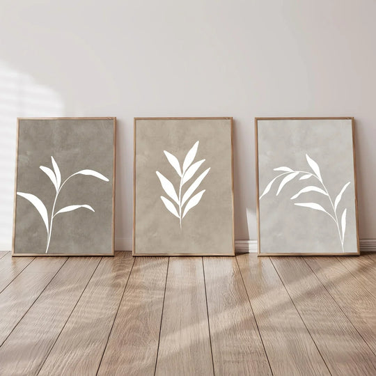 Beige White Botanical Abstract Canvas Wall Art Set