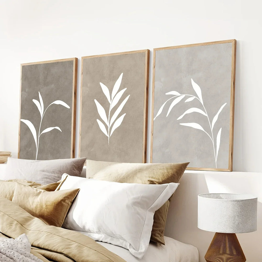 Beige White Botanical Abstract Canvas Wall Art Set