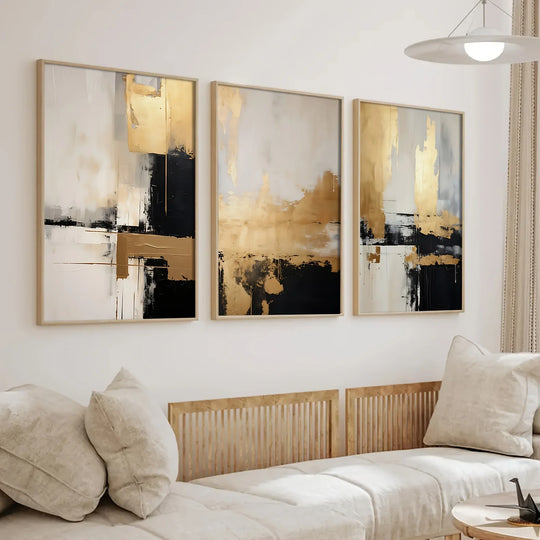 Black Beige Golden Color Block Abstract Canvas Wall Art Set