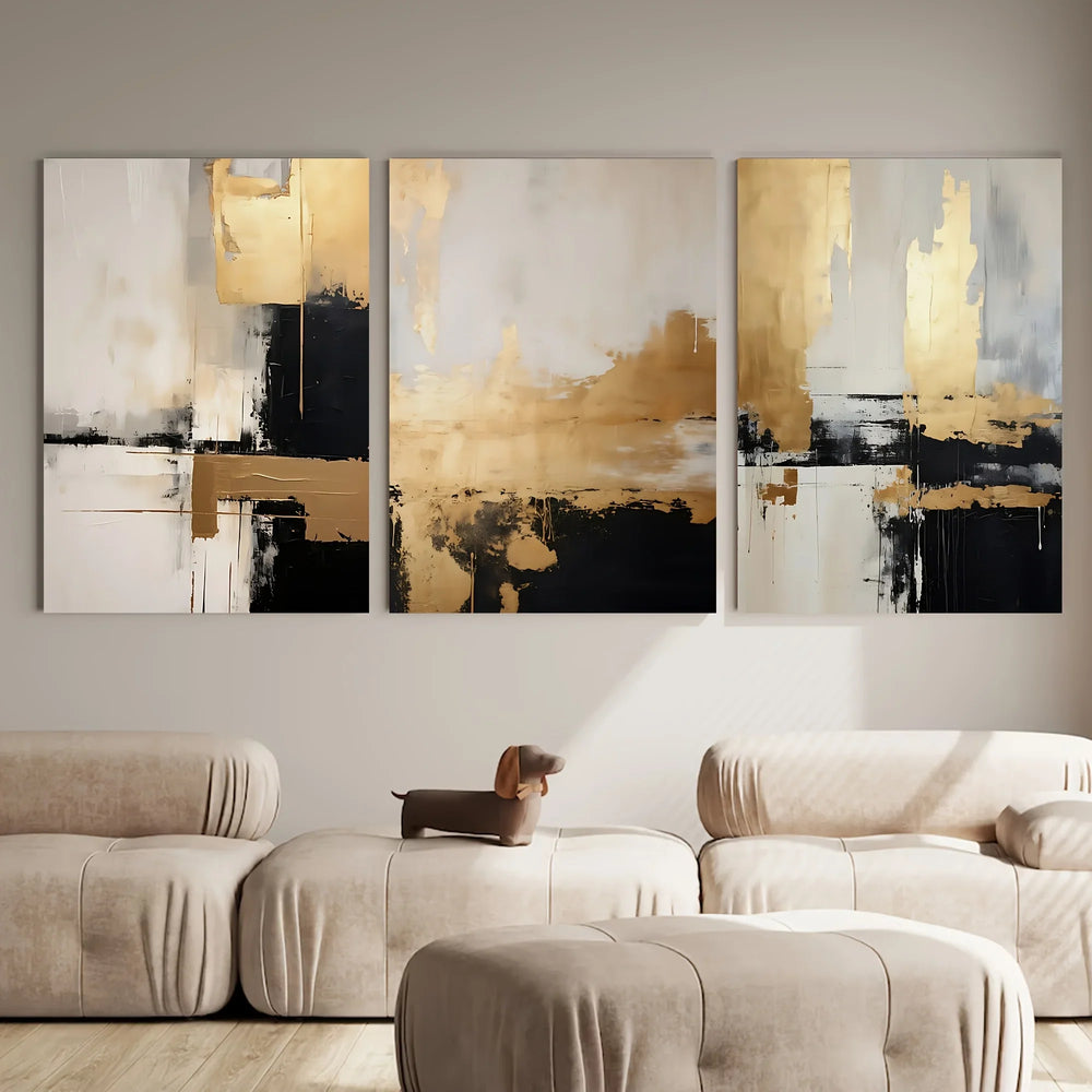 Black Beige Golden Color Block Abstract Canvas Wall Art Set