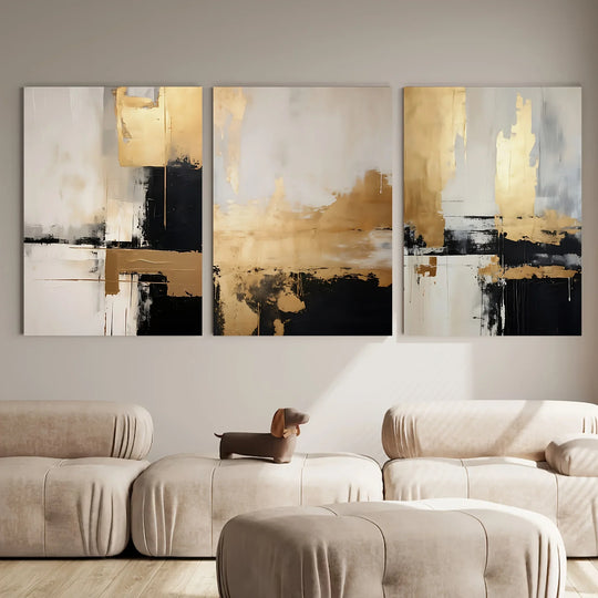 Black Beige Golden Color Block Abstract Canvas Wall Art Set