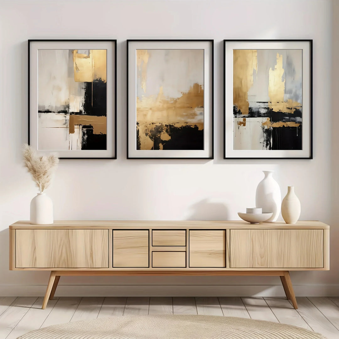 Black Beige Golden Color Block Abstract Canvas Wall Art Set