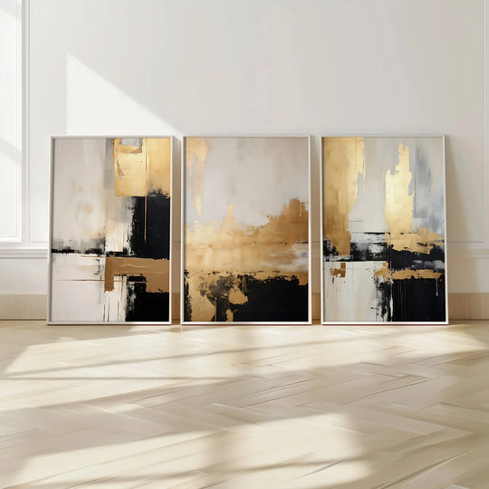 Black Beige Golden Color Block Abstract Canvas Wall Art Set