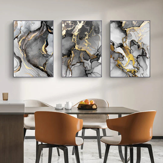 Black Gold Grey Marble Canvas Wall Art – Set of 3 (Unframed)