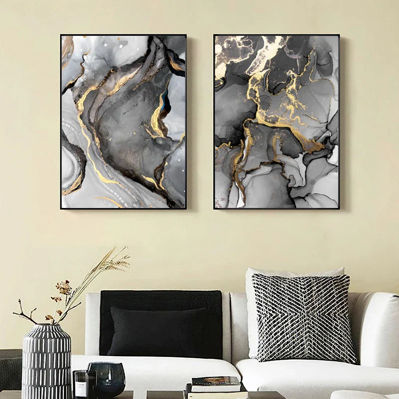 Black Gold Grey Marble Canvas Wall Art – Set of 3 (Unframed)