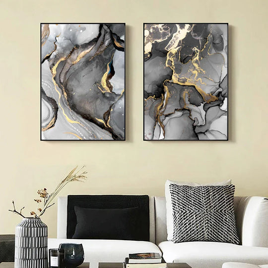 Black Gold Grey Marble Canvas Wall Art – Set of 3 (Unframed)