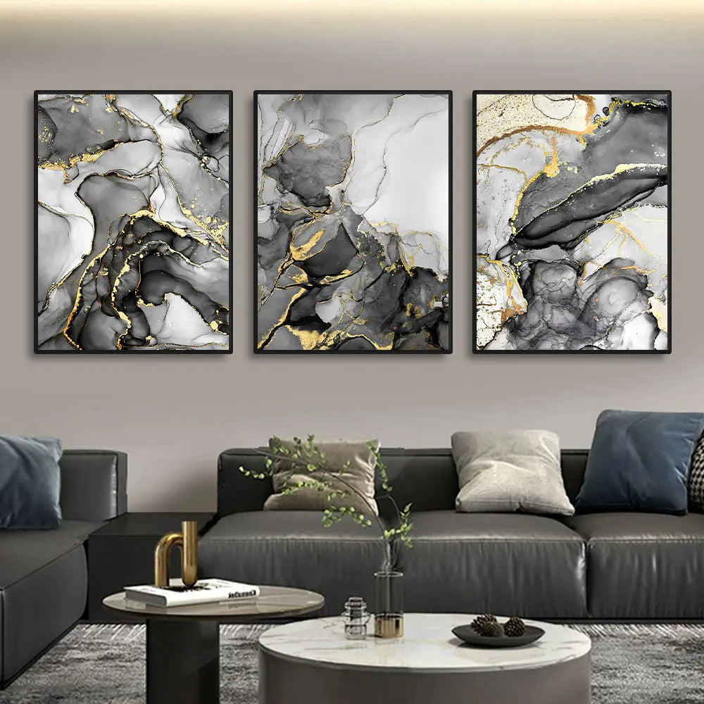 Set of 3 Black Gray Golden Liquid Marble Canvas Wall Art