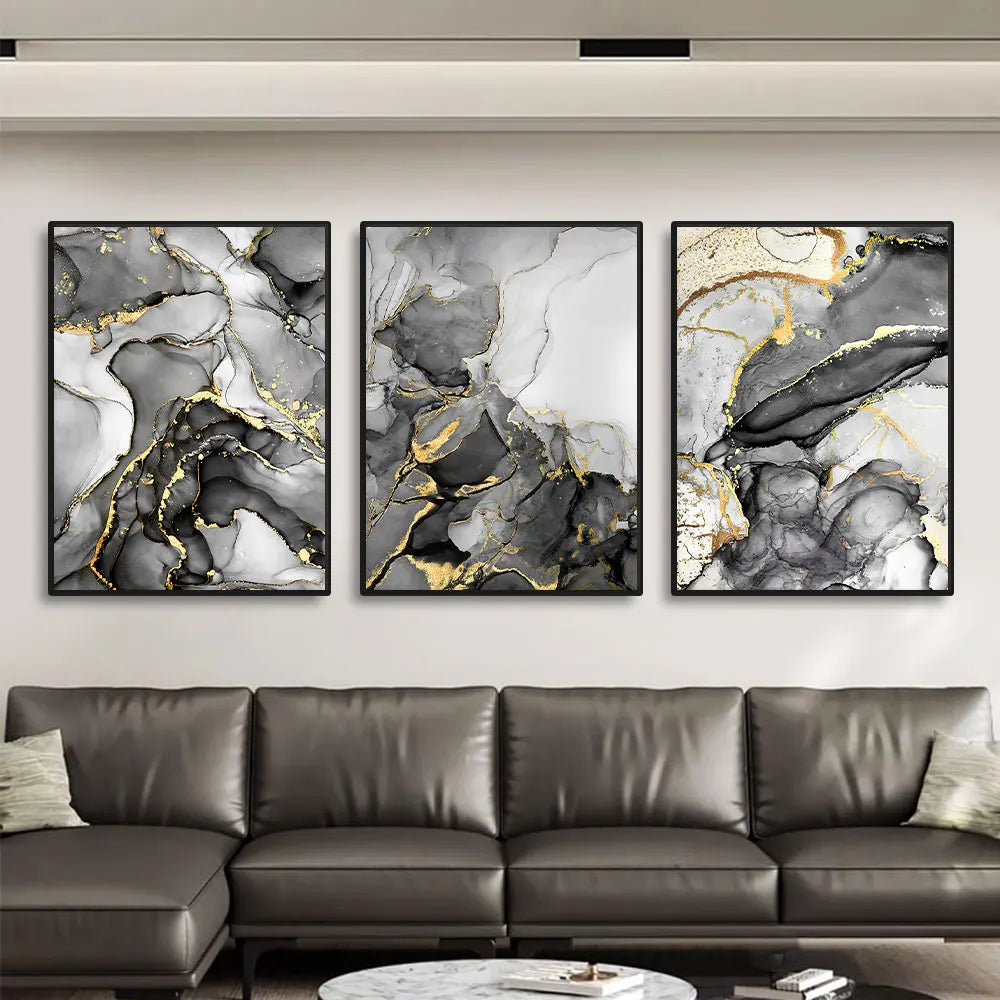Set of 3 Black Gray Golden Liquid Marble Canvas Wall Art