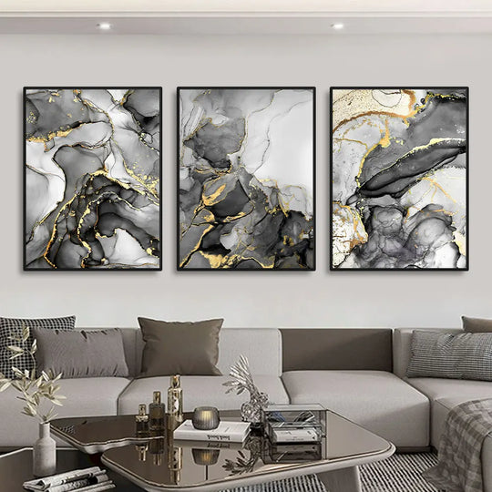 Set of 3 Black Gray Golden Liquid Marble Canvas Wall Art
