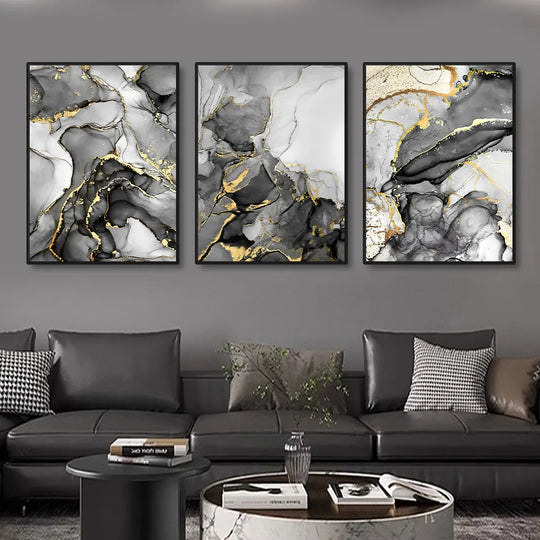 Set of 3 Black Gray Golden Liquid Marble Canvas Wall Art