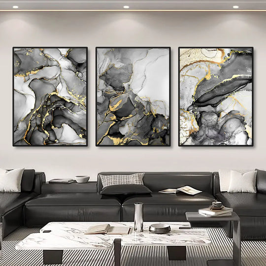 Set of 3 Black Gray Golden Liquid Marble Canvas Wall Art