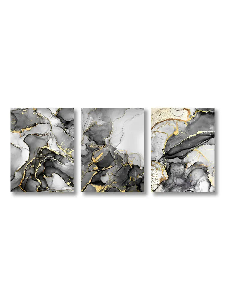Set of 3 Black Gray Golden Liquid Marble Canvas Wall Art