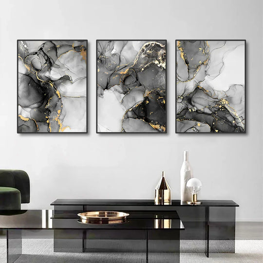 Set of 3 Black White Gold Marble Canvas Wall Art Prints