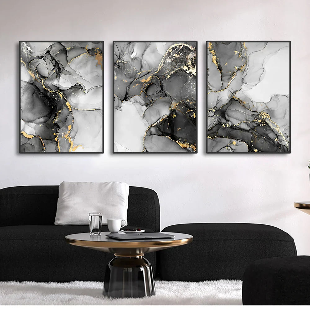 Set of 3 Black White Gold Marble Canvas Wall Art Prints
