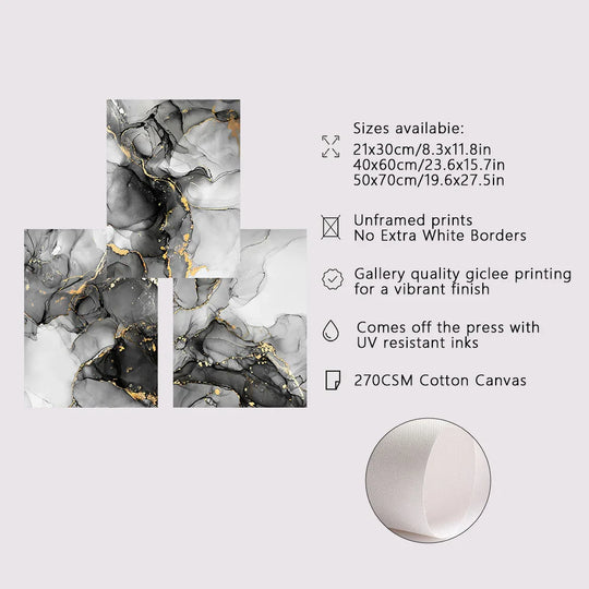 Set of 3 Black White Gold Marble Canvas Wall Art Prints