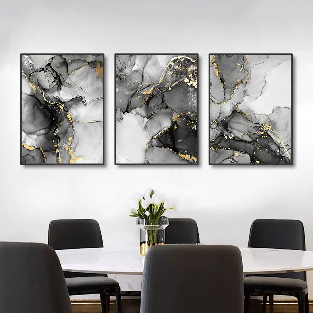 Set of 3 Black White Gold Marble Canvas Wall Art Prints