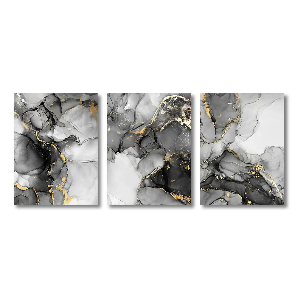 Set of 3 Black White Gold Marble Canvas Wall Art Prints