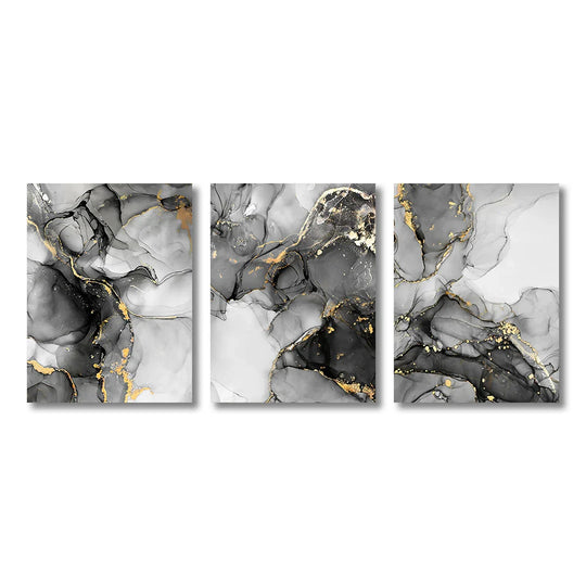 Set of 3 Black White Gold Marble Canvas Wall Art Prints