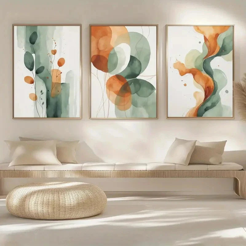 Burnt Orange Green Flowing Abstract Canvas Wall Art Set