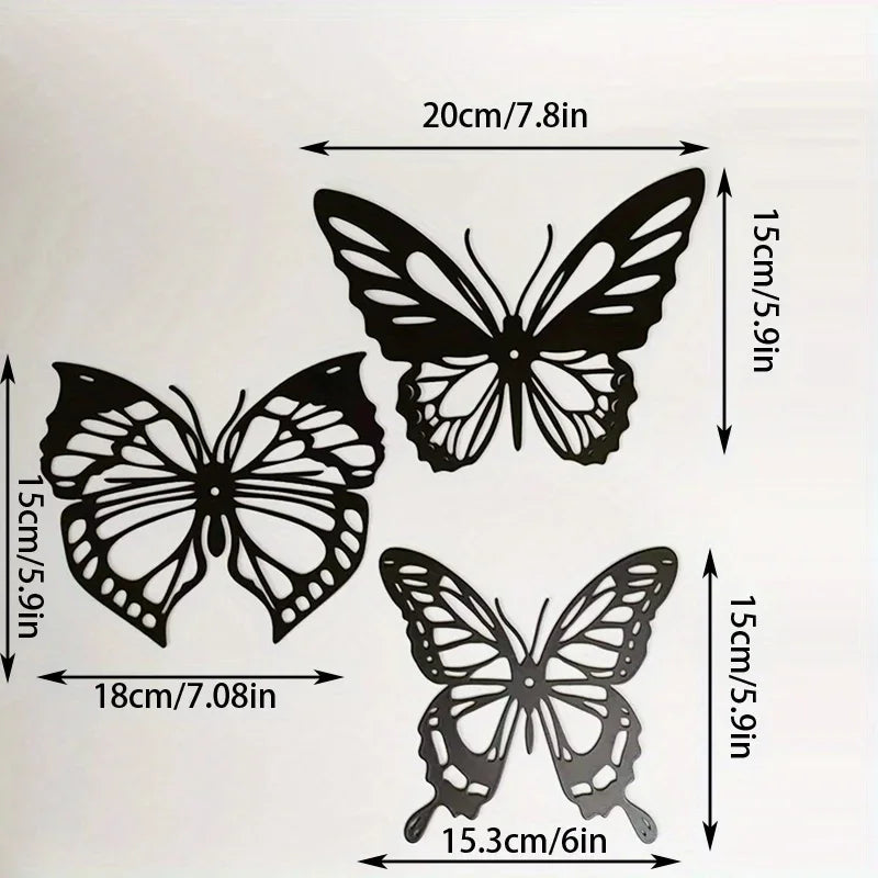 Set of 3 Butterflies Black Metal Wall Art Decor