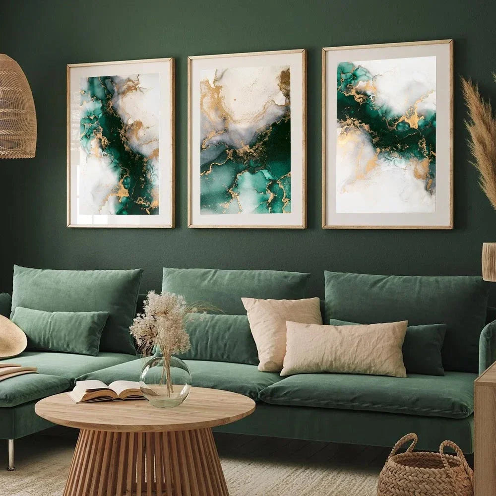 Chic Green Golden Marble Abstract Canvas Wall Art Set of 3