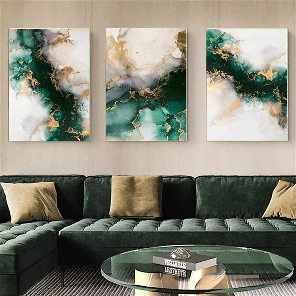 Chic Green Golden Marble Abstract Canvas Wall Art Set of 3
