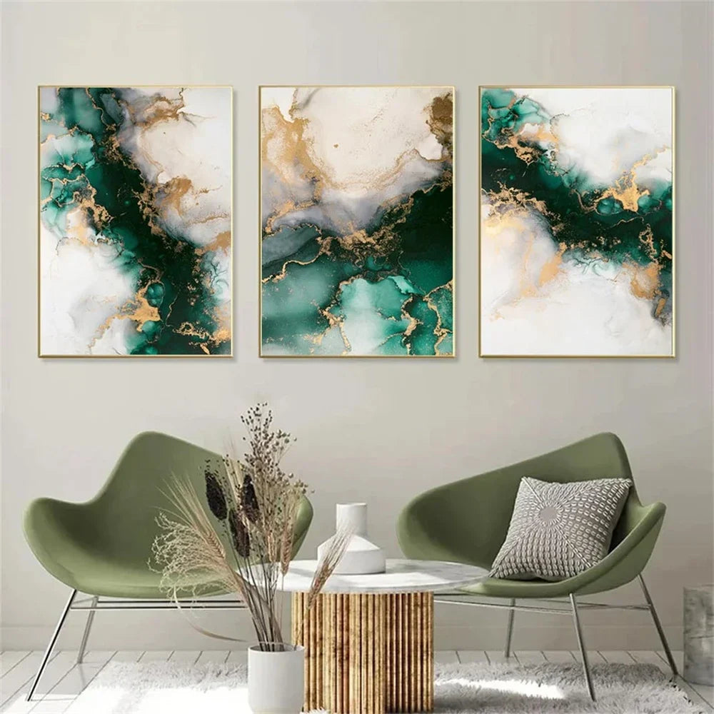 Chic Green Golden Marble Abstract Canvas Wall Art Set of 3
