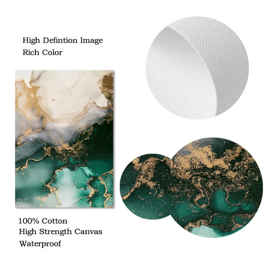 Chic Green Golden Marble Abstract Canvas Wall Art Set of 3