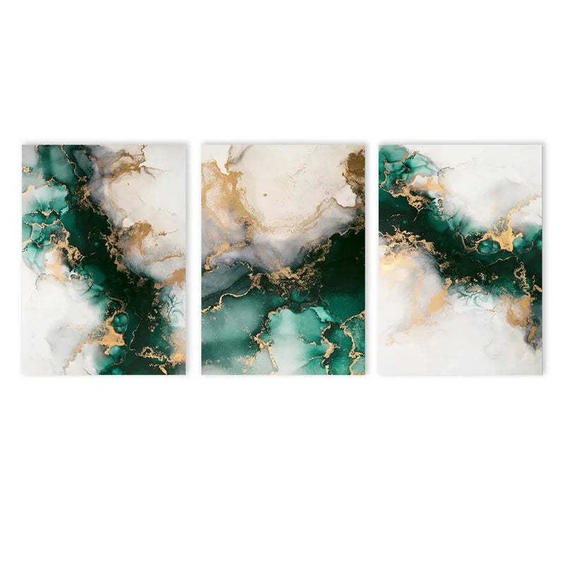 Chic Green Golden Marble Abstract Canvas Wall Art Set of 3