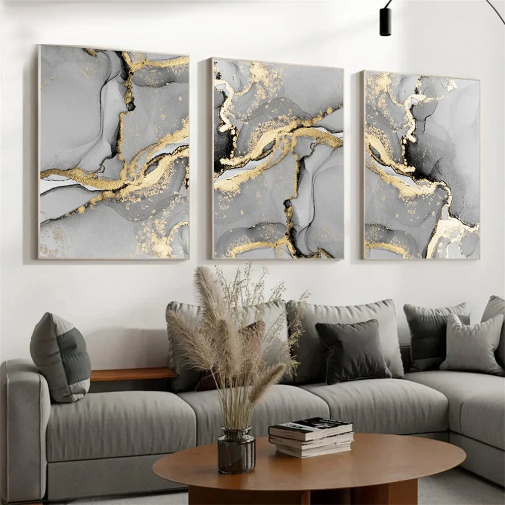 Chic Golden Grey Marble Abstract Canvas Wall Art Set of 3