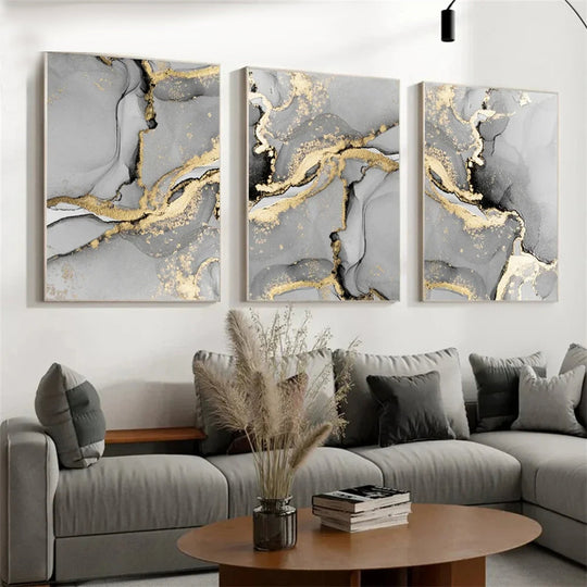 Chic Golden Grey Marble Abstract Canvas Wall Art Set of 3