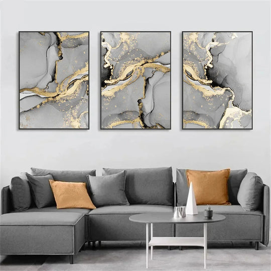 Chic Golden Grey Marble Abstract Canvas Wall Art Set of 3
