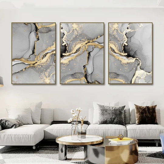 Chic Golden Grey Marble Abstract Canvas Wall Art Set of 3