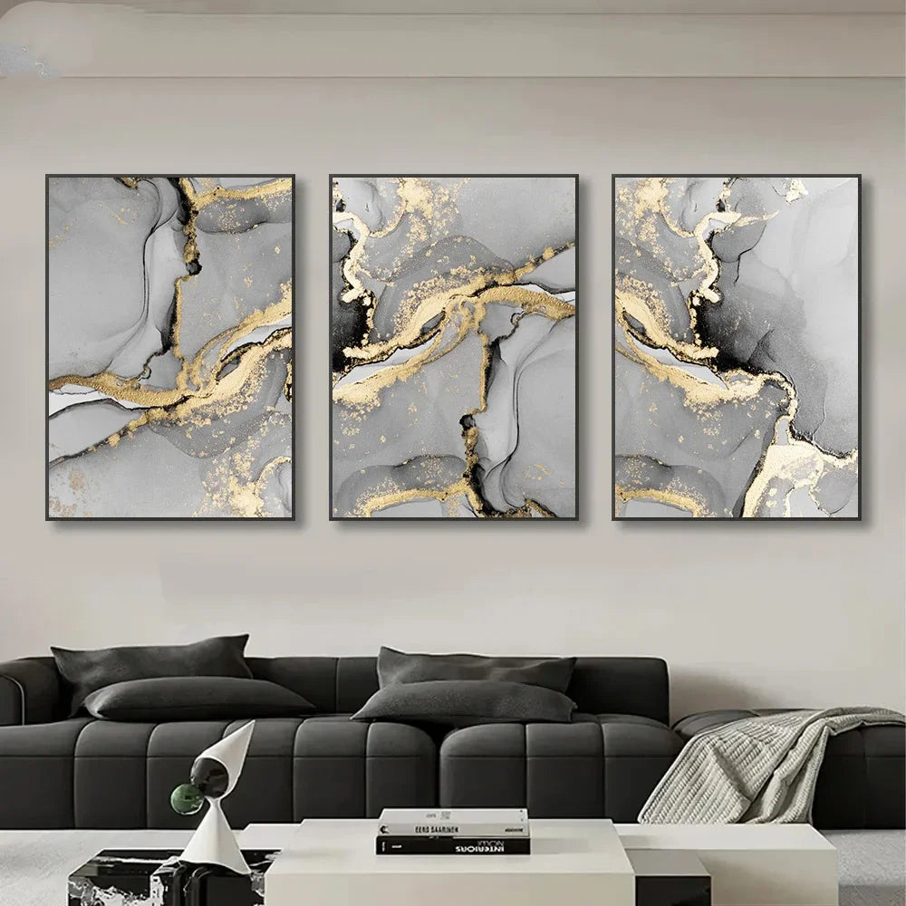 Chic Golden Grey Marble Abstract Canvas Wall Art Set of 3