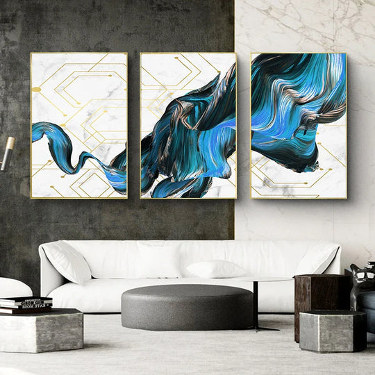 Electric Blue Flowing Abstract Canvas Wall Art Set of 3