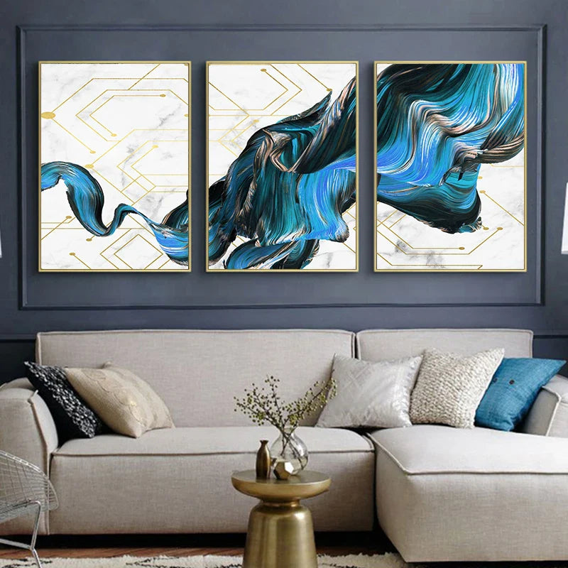 Electric Blue Flowing Abstract Canvas Wall Art Set of 3