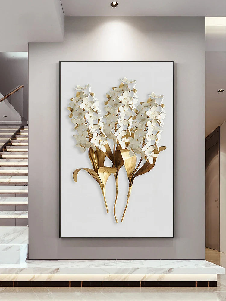 Golden Leaf White Floral Abstract Canvas Wall Art Set