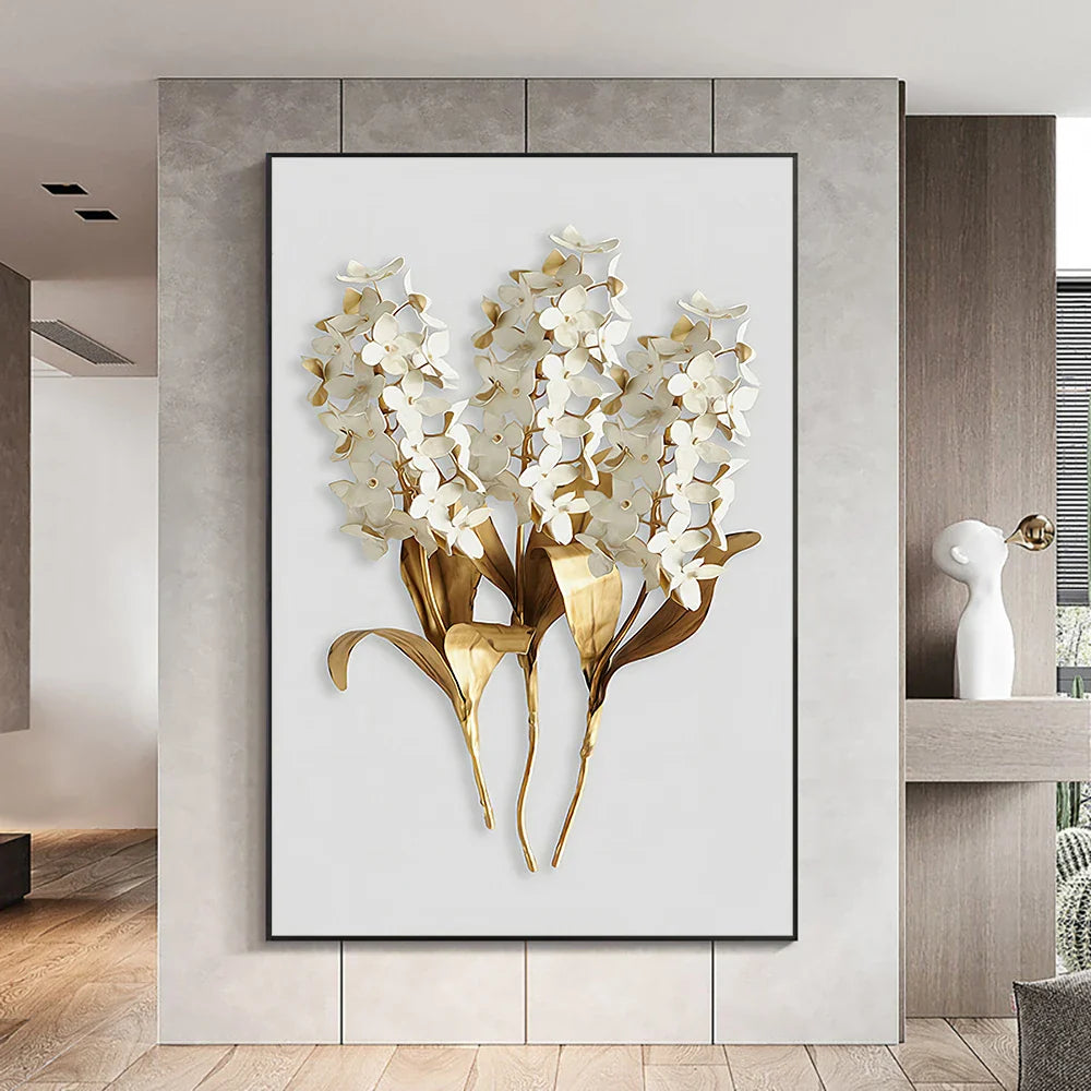 Golden Leaf White Floral Abstract Canvas Wall Art Set
