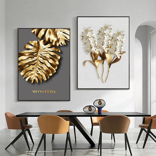 Golden Leaf White Floral Abstract Canvas Wall Art Set