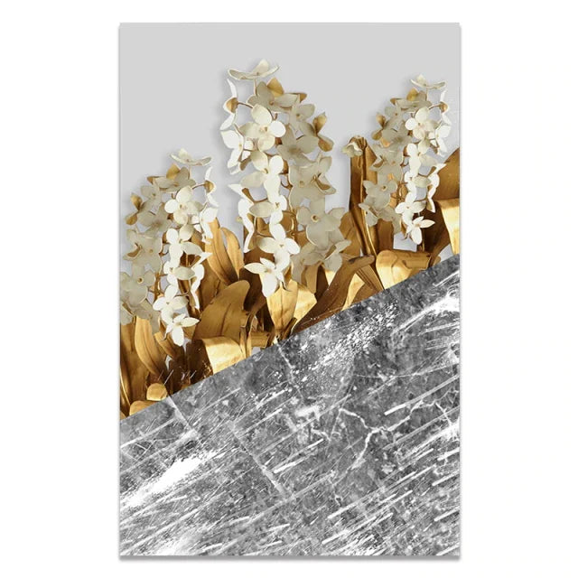 Golden Leaf White Floral Abstract Canvas Wall Art Set
