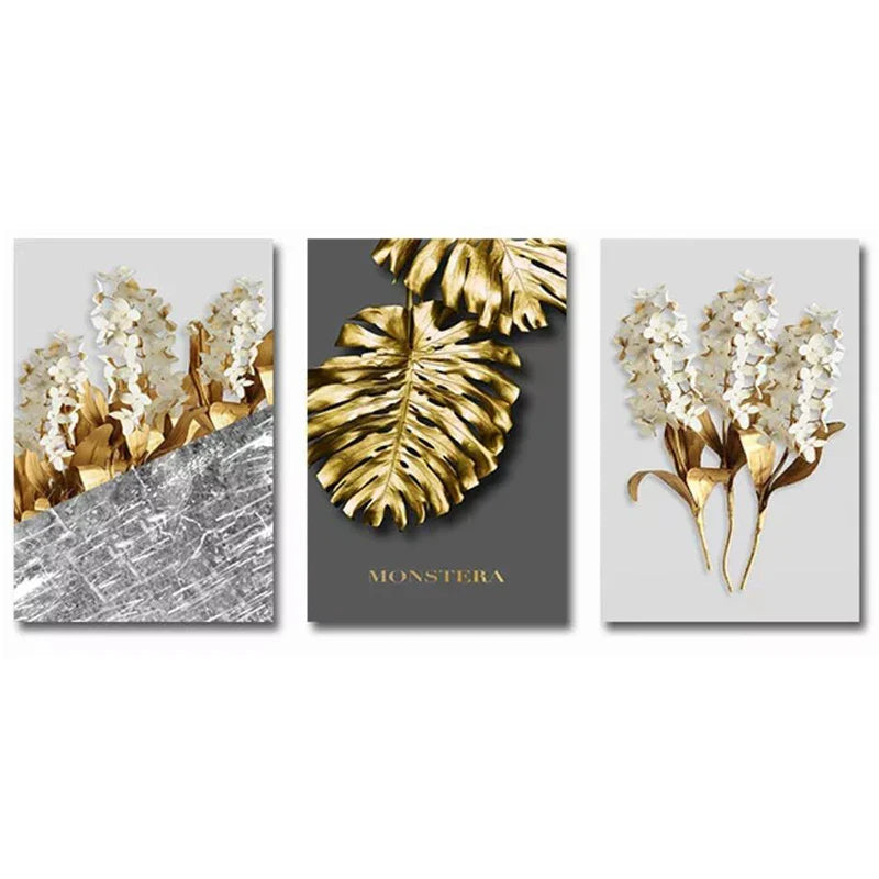 Golden Leaf White Floral Abstract Canvas Wall Art Set