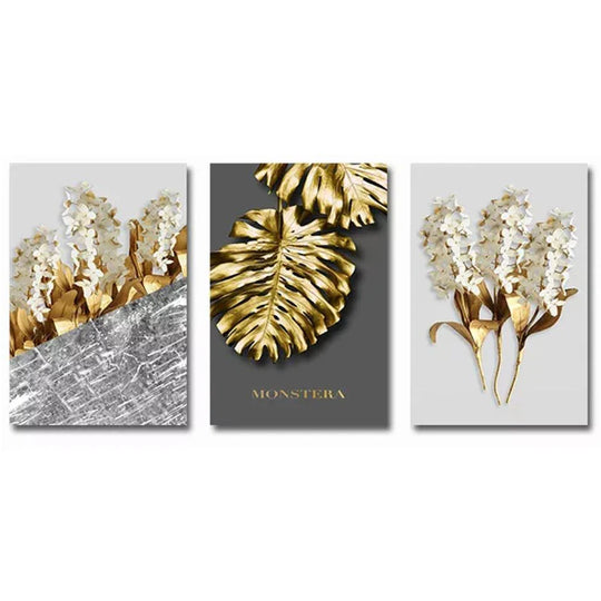 Golden Leaf White Floral Abstract Canvas Wall Art Set