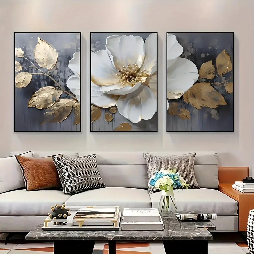 Set of 3 Golden White Floral Abstract Canvas Wall Art